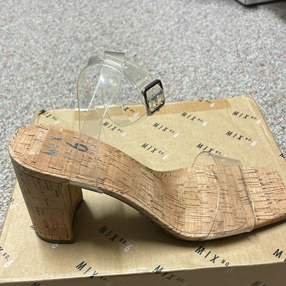 NIB clear and cork summer heels, 7.5